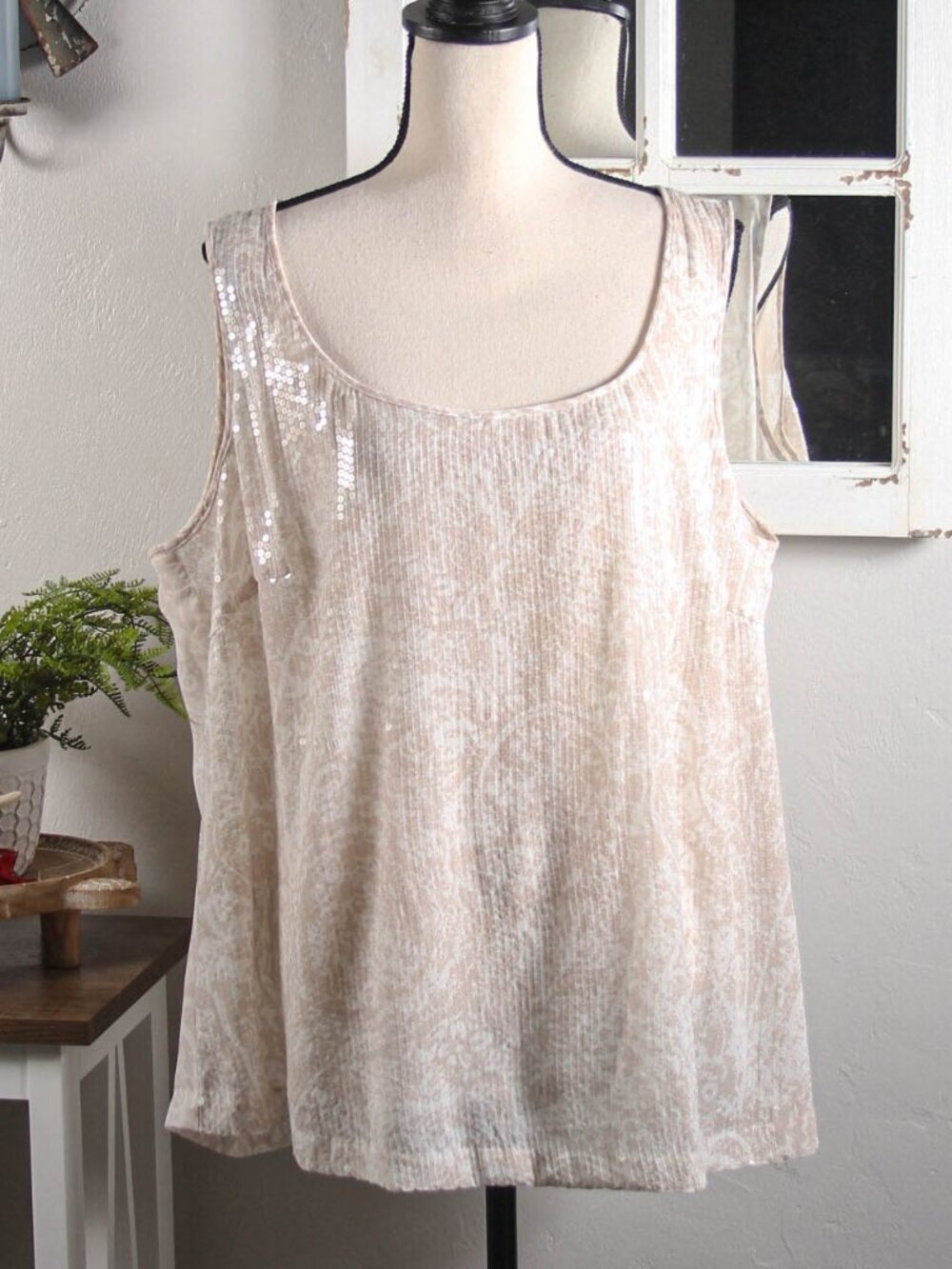 Peter Nygard Cream Sequin Sleeveless Blouse Lined Side Zip Shimmer Tank Top